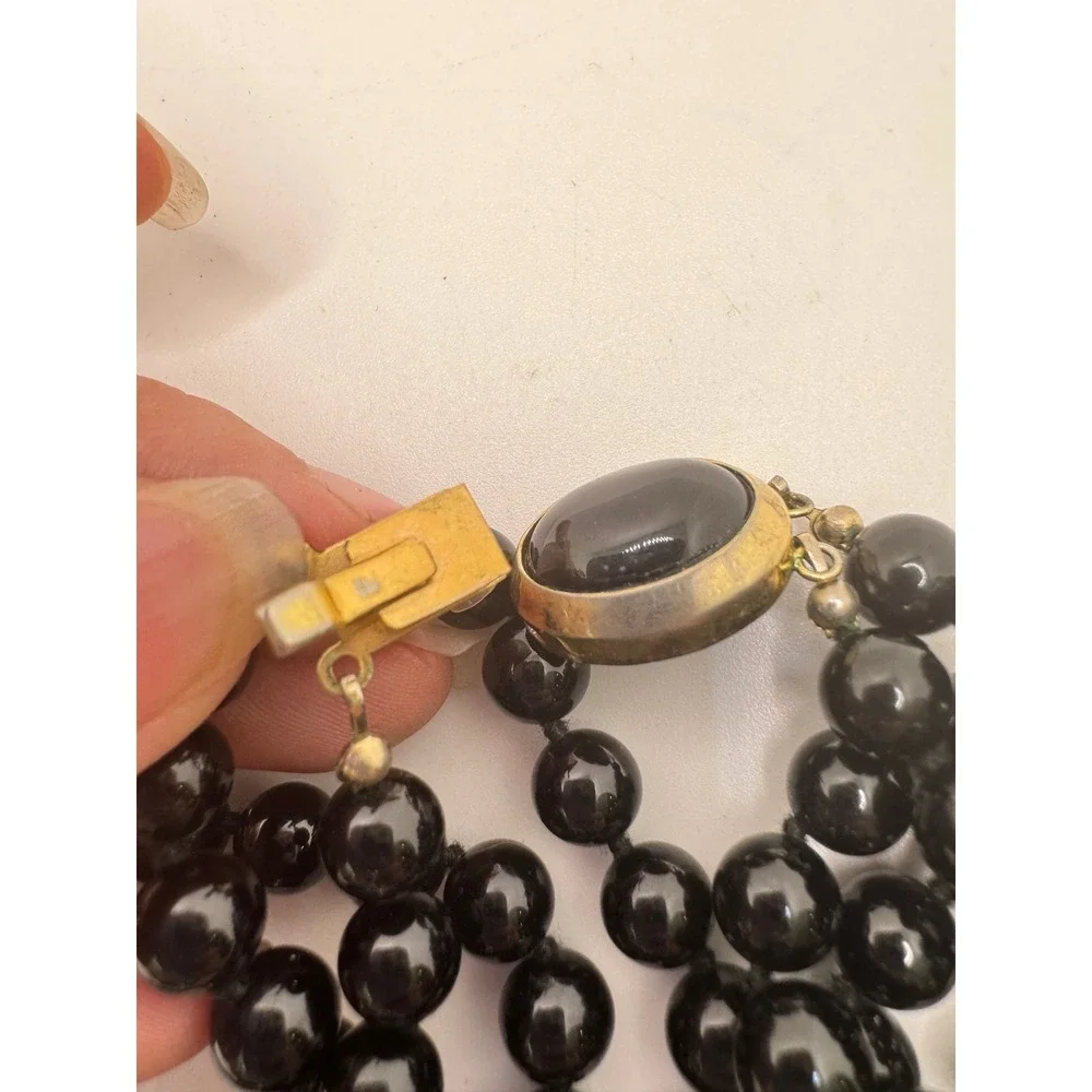 Vintage Black Double Strand Beaded Necklace Gold Tone Cabochon Gothic Victorian